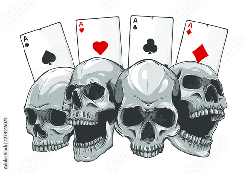 aces of poker and roses with skull, grunge vintage vector