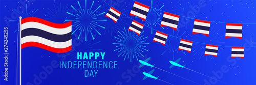 Nart 13 Thailand Independence Day greeting card. Celebration background with fireworks, flags, flagpole and text. photo