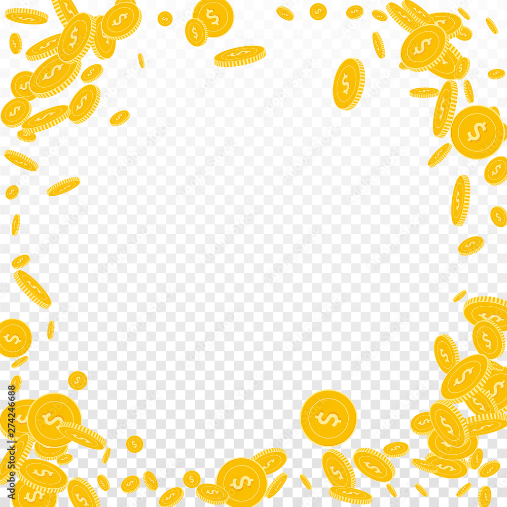 American dollar coins falling. Scattered disorderl American dollar coins falling. Scattered disorderl