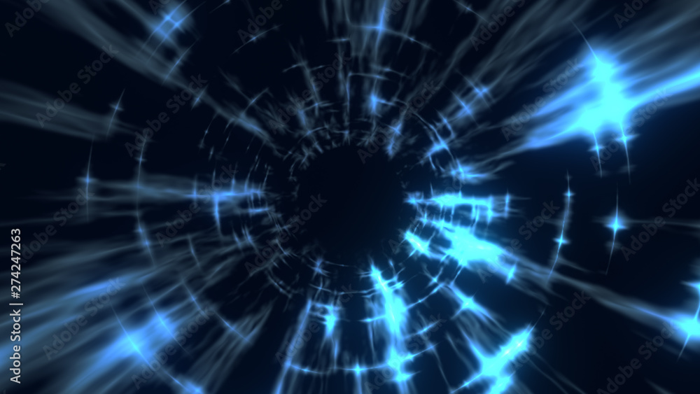 The travel through a blue wormhole filled with star. Warp in science black hole vortex hyperspace tunnel.