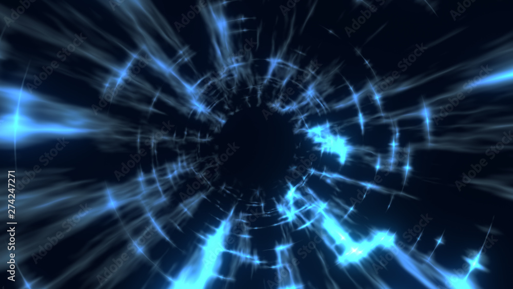 Fototapeta premium The travel through a blue wormhole filled with star. Warp in science black hole vortex hyperspace tunnel.