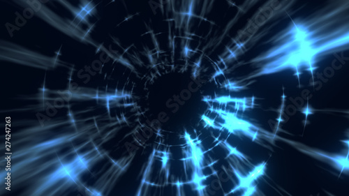 The travel through a blue wormhole filled with star. Warp in science black hole vortex hyperspace tunnel.
