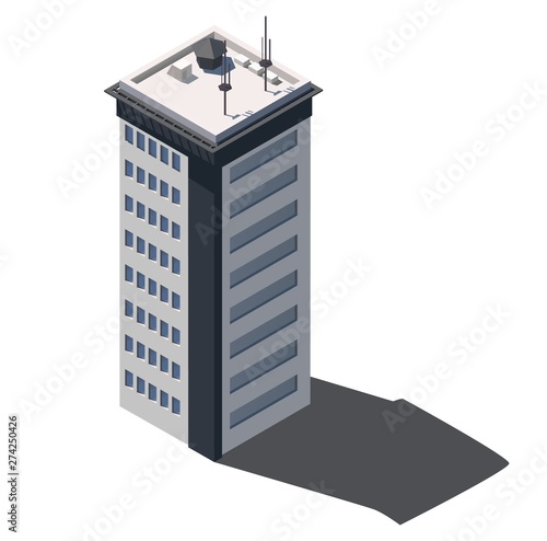 Isometric 3d skyscraper. Building for office or hotel. Vector illustration isolated on white background.