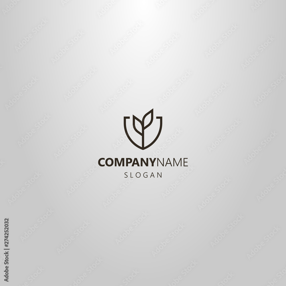 black and white simple vector line art geometric logo of plant with two leaves in a shield shaped frame black and white simple vector line art geometric logo of plant with two leaves in a shield shaped frame
