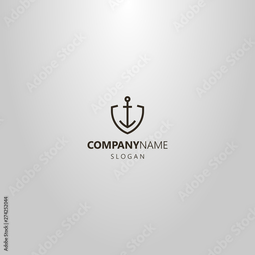 black and white simple vector line art geometric logo of iron anchor in shield shaped frame