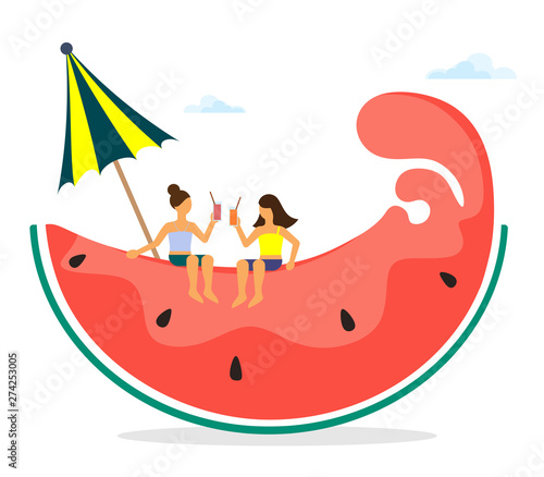 Vector illustration of a stylized watermelon wedge with summer characters of girls. Vector isolate on white background
