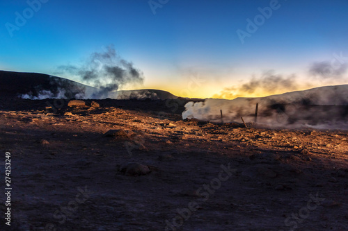 The Sol de la Manana, Rising Sun steaming geyser field high up in a massive crater in Bolivian Altiplano, Bolivia
