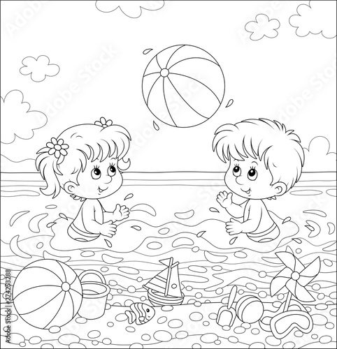 Happy little kids playing a big ball in water on a sea beach on a sunny summer day, black and white vector illustration in a cartoon style for a coloring book