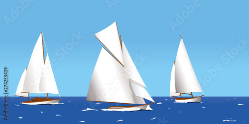 Three boats sailing on summer sea. Clean landscape.