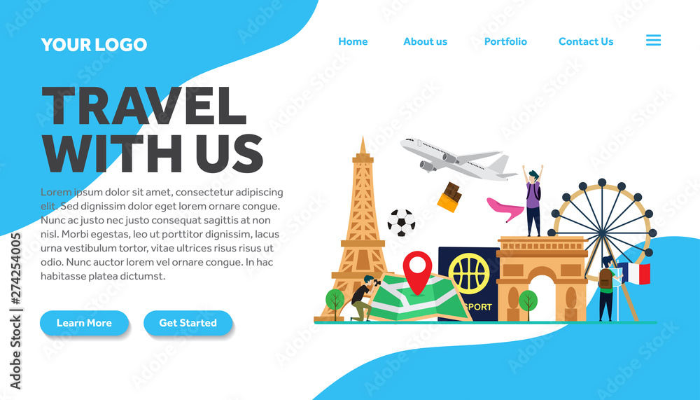 travel to france paris creative illustration landing page template vector graphics ,travel to paris france flat style illustration vector,landing page template, for website template