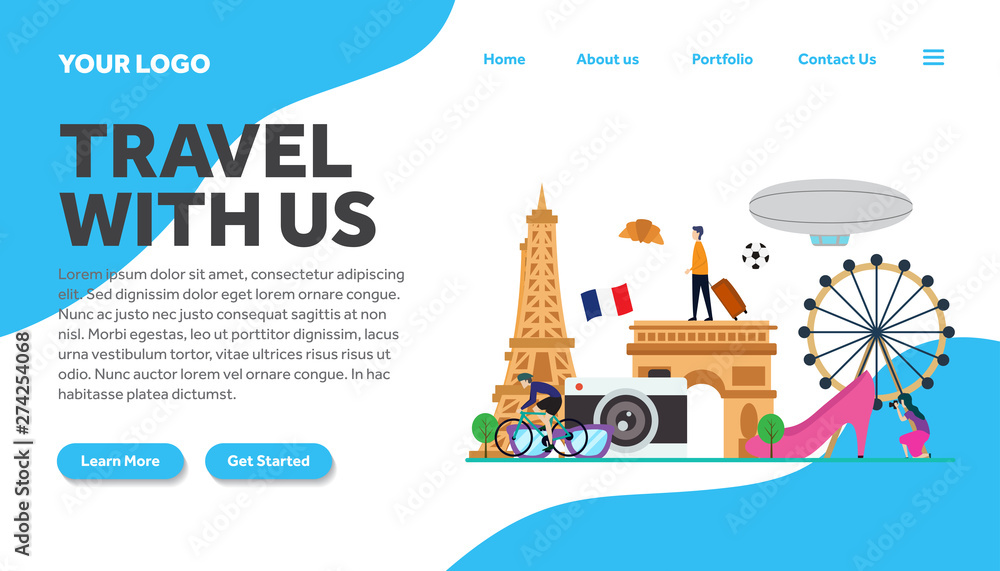 travel to france paris creative illustration landing page template vector graphics ,travel to paris france flat style illustration vector,landing page template, for website template