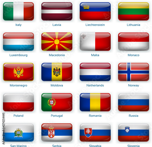 Set of twenty flags in button style. Europe two of three.