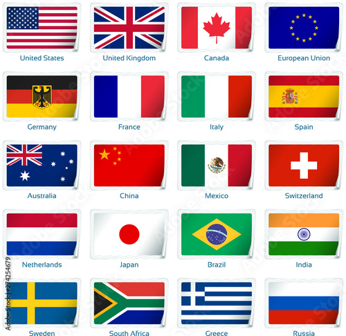 Free Download Set of twenty flags in sticker style. Popular countries. - GFXLoad