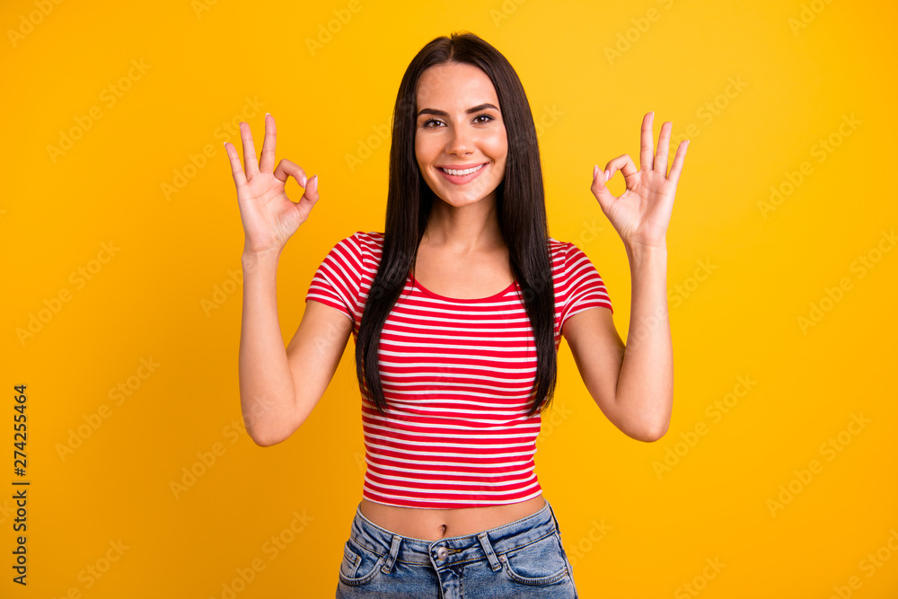 Portrait of attractive lovely cute student have free time weekend advise advice advertise dressed denim jeans modern clothing spring isolated yellow colorful vivid background Portrait of attractive lovely cute student have free time weekend advise advice advertise dressed denim jeans modern clothing spring isolated yellow colorful vivid background