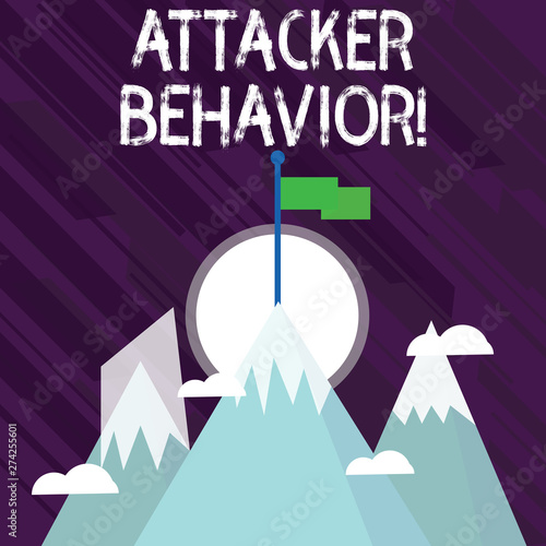 Word writing text Attacker Behavior. Business photo showcasing analyze and predict the attacker behavior of the attack Three High Mountains with Snow and One has Blank Colorful Flag at the Peak