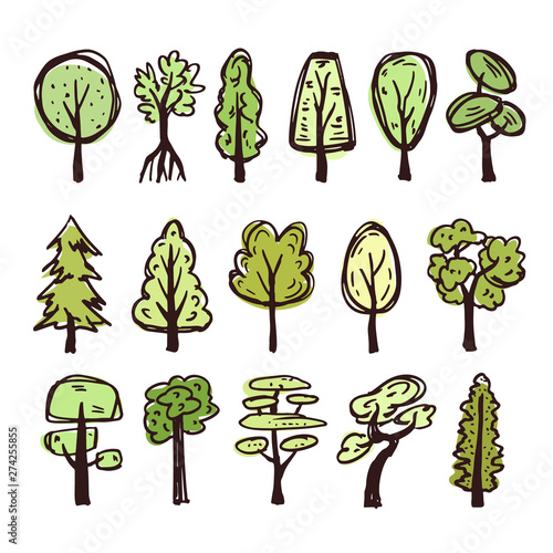 Set of colored doodle trees