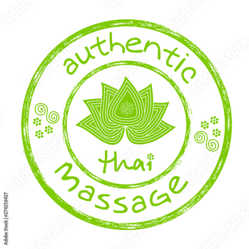 Thai massage stamp in green. Stamps grunge rubber Authentic thai massage. Stamp of Authentic thai massage for your web site design, logo, app, UI. Stock vector. EPS10.