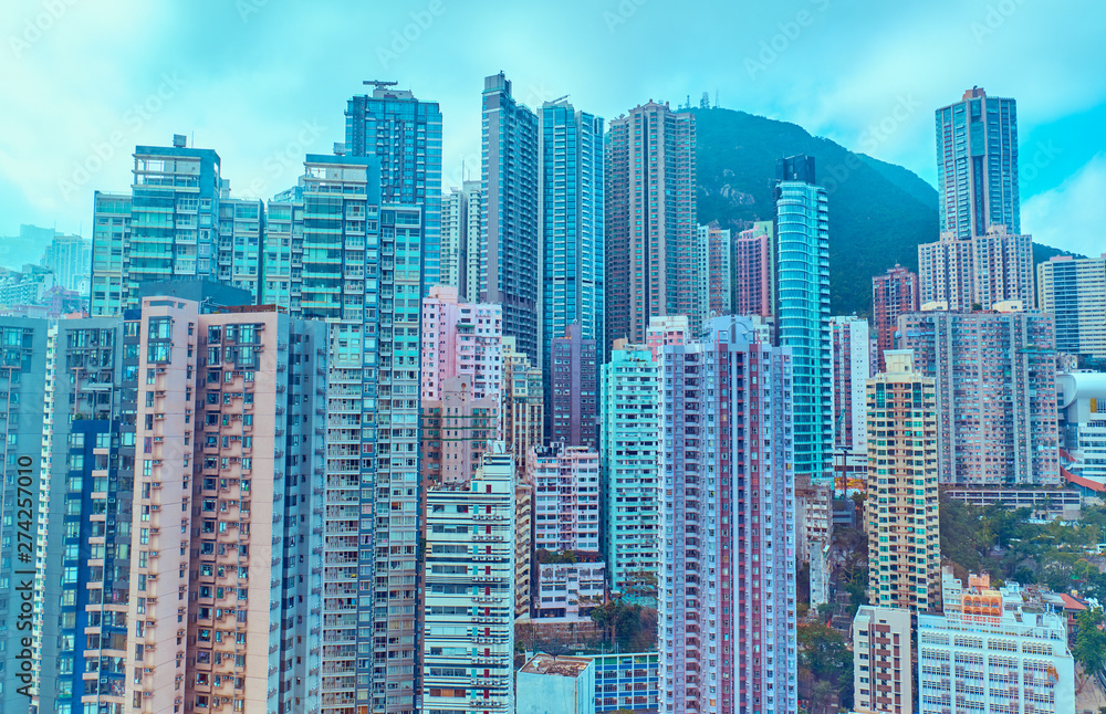 Residential buildings in the city center. Hong Kong.