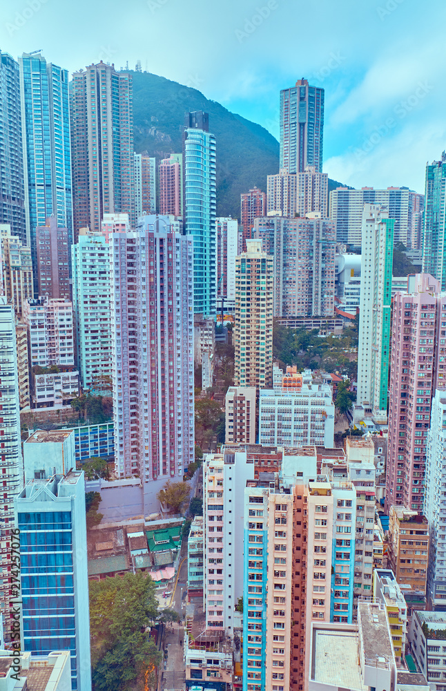 Residential buildings in the city center. Hong Kong.