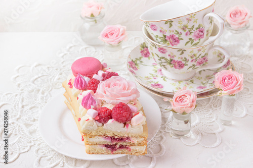 A piece of cake with flowers. Romantic Valentine s Day breakfast.