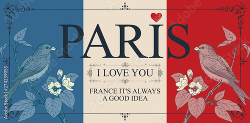 Vector card in colors of French flag in frame with curls in vintage style. Retro postcard or banner with words Paris I love you, decorated by blue and red little birds on branches of flowering tree.