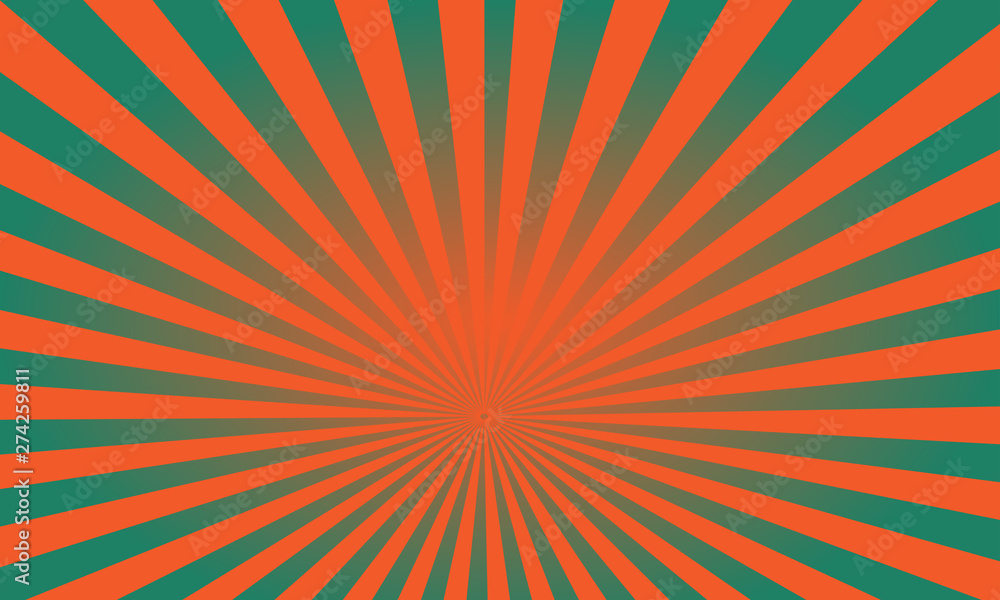 Fototapeta premium Vector pop art colorful rays background. Green and orange