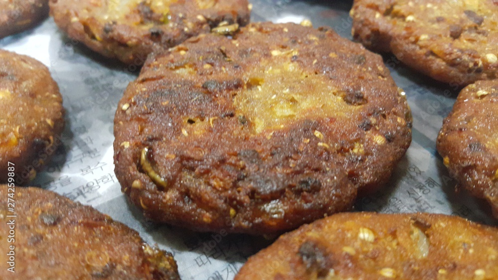 Closeup perspective view of delicious spicy fried kebab, kebab or chapli kebab Closeup perspective view of delicious spicy fried kebab, kebab or chapli kebab
