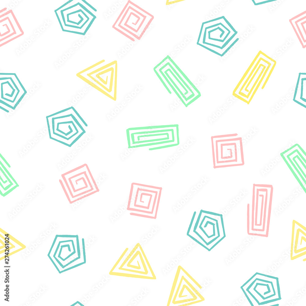 Hand Draw Geometric Shapes Spiral Seamless Pattern. Vector Endless Background of Triangles, Squares, Circles in Pastel Colors baby Pink, Mint, Yellow, blue For the packaging, baby textile, print.