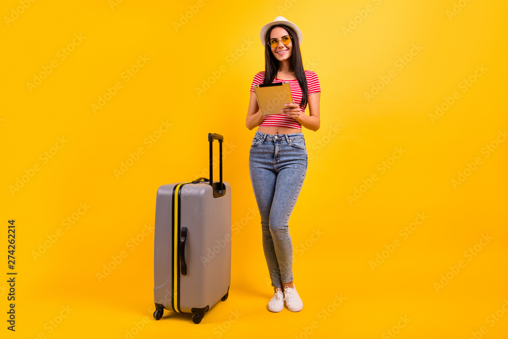 Full length body size view photo thoughtful student headwear long check list dream dreamy relax hold hand organize thought red stylish striped trendy t-shirt denim jeans isolated yellow background Full length body size view photo thoughtful student headwear long check list dream dreamy relax hold hand organize thought red stylish striped trendy t-shirt denim jeans isolated yellow background