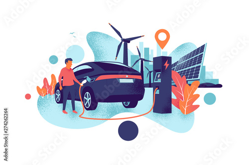 Electric car charging at charger station with a young man. Renewable power generation with wind turbines and solar panels and city skyline. Isolated vector illustration concept grainy noise style. 