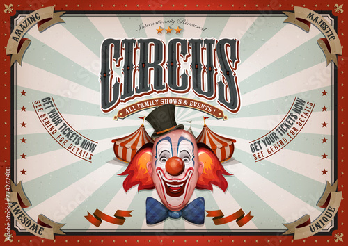 Vintage Circus Poster With Clown Head/ Illustration of retro and vintage circus poster background, with design clown face and grunge texture for arts festival events and entertainment background