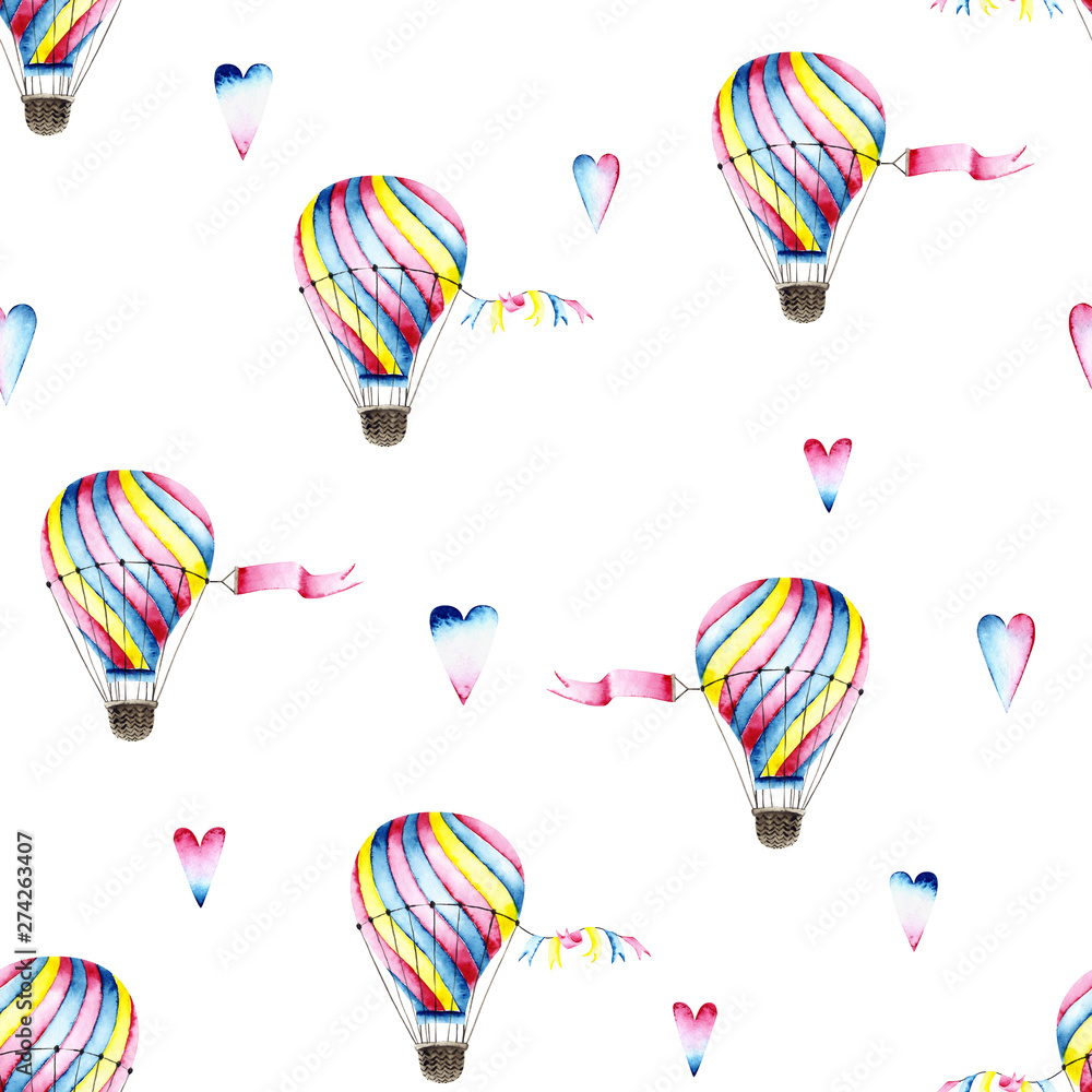 Fototapeta Seamless pattern of watercolor colorful balloons with hearts. Illustration isolated on white. Hand painted template perfect for children's wallpaper, fabric textile, vintage design, card making