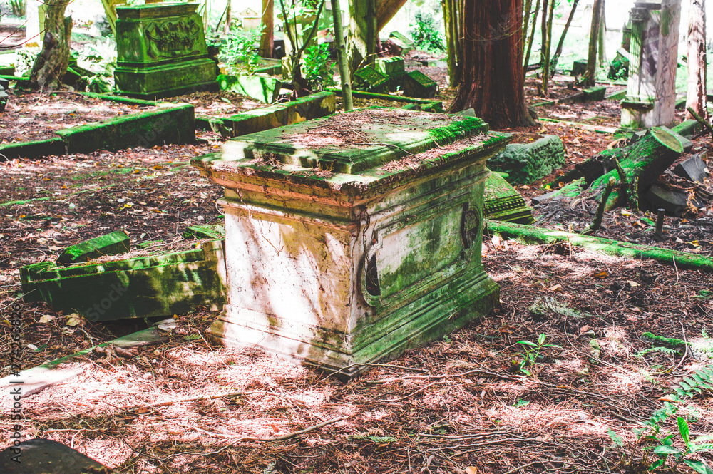 Kaputter Grabstein mit Beschädigungen auf einem Friedhof in grün Kaputter Grabstein mit Beschädigungen auf einem Friedhof in grün