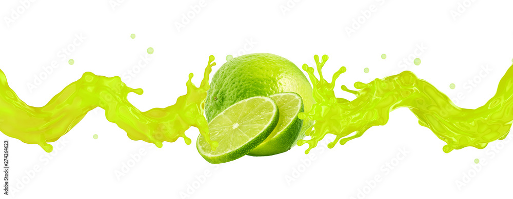 Fresh ripe lime, lime slice and juice 3D splash wave. Tropical fruit ...