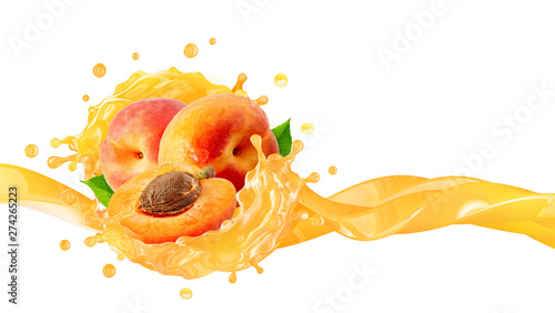 Fresh ripe peaches or apricots, peach juice 3D splash wave. Healthy food or fruit drink liquid ad label design elements. Tasty peach or apricots fruits vitamin smoothie splash isolated
