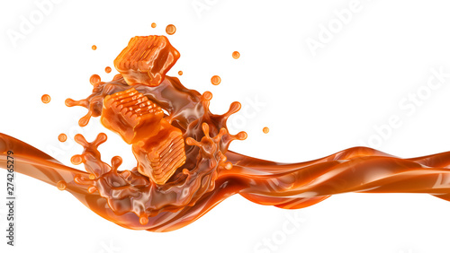 Liquid sweet melted caramel, caramel sauce or boiled condensed milk swirl 3D splash with toffees candies. Yummy sweet caramel fudge toffee candies and yummy sauce. Advertising design element isolated