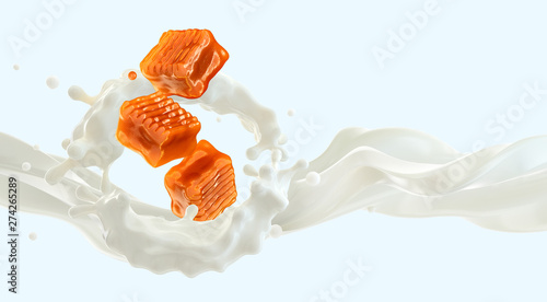 Fresh milk, yogurt or cream swirl 3D splash twisted with falling fudge toffees caramel candies. Yummy caramel butterscotch candies and cream or milk template. Advertising milk design element isolated photo