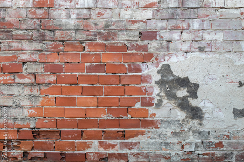 Old Weathered Concrete Decay Wall Texture With a Few Red Bricks Visible