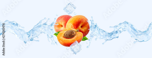 Fresh cold pure apricot water with apricots and 3D waves splash. Peach water or soft drink wave swirls. Healthy flavored detox drink splash design elements with apricots, water, ice © Corona Borealis