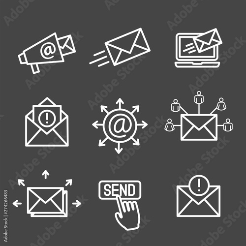 Email marketing campaigns icon set with email list, announcement, send button