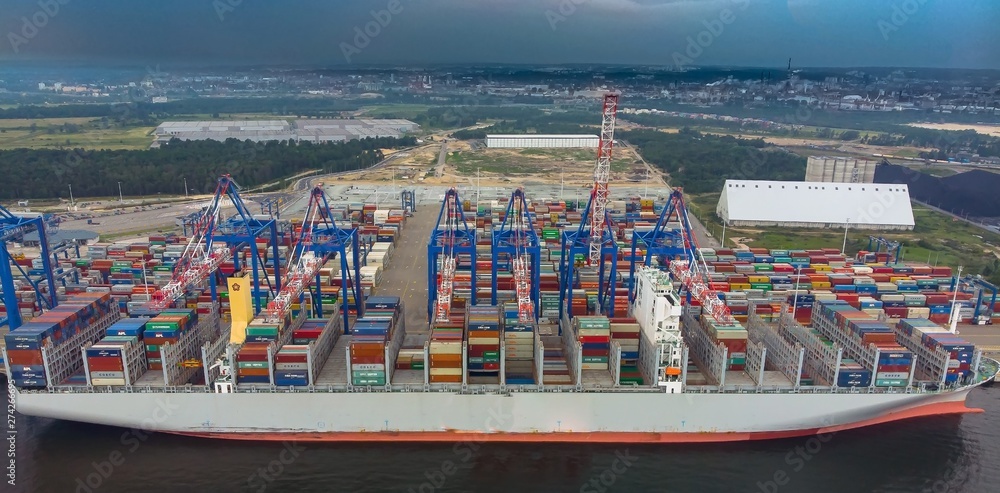 Obraz premium aerial view of thecontainer ship in port gdansk