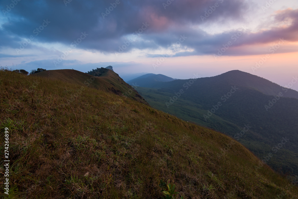 beautiful sunset on the mountain with green field at doi monjong beautiful sunset on the mountain with green field at doi monjong