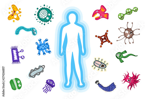 Immune protection system. Body reflect germ bacteria and viruse infection attack. Vector illustration on white background