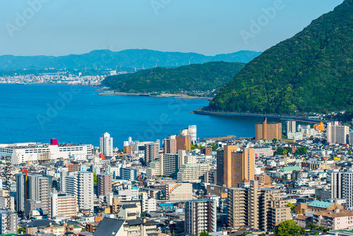 Cityscape view of Beppu city and Beppu bay, Oita, Kyushu, Japan