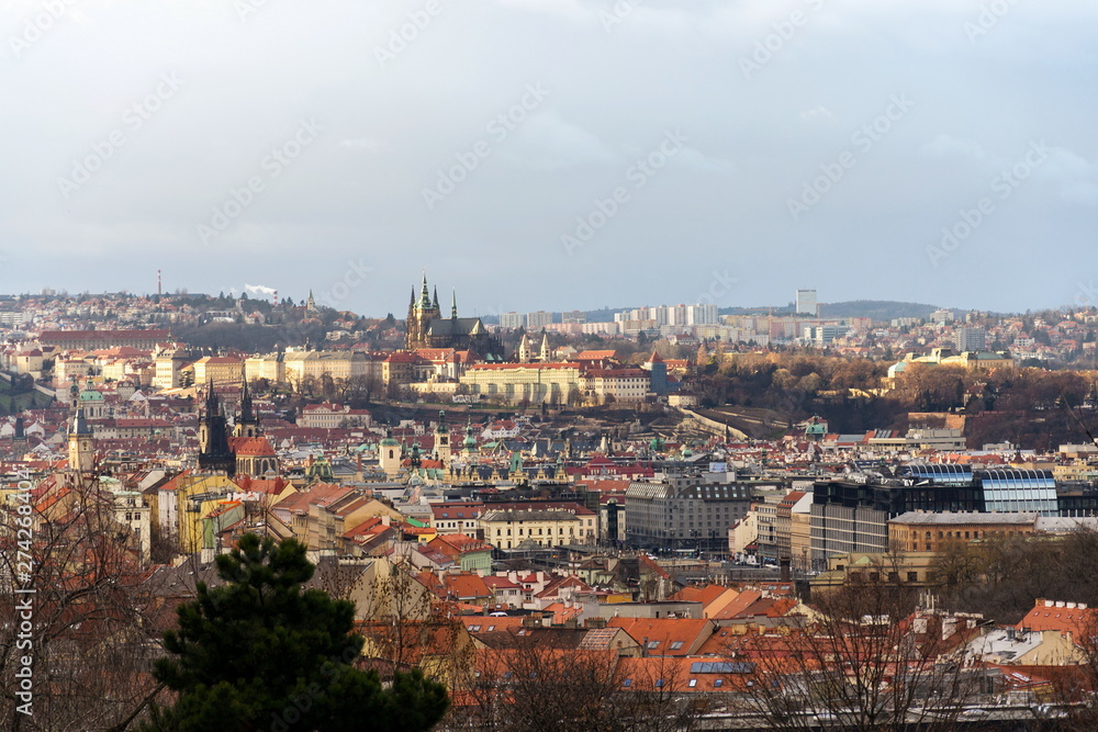 Prague panorama with St. Vitus Cathedral and Prague Castle - the biggest ancient castle in the world and residence of president, Czech Republic