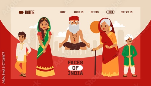 Faces of India banner web design vector illustartion. People in national traditional clothing. Meditating old yogi man in yoga lotus pose. Generations together. Old woman wearing sari.