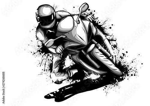 Racer riding motorbike logo isolated on background of night sky. Side view of man in helmet, motorbilker on scooter vector illustration male on bike