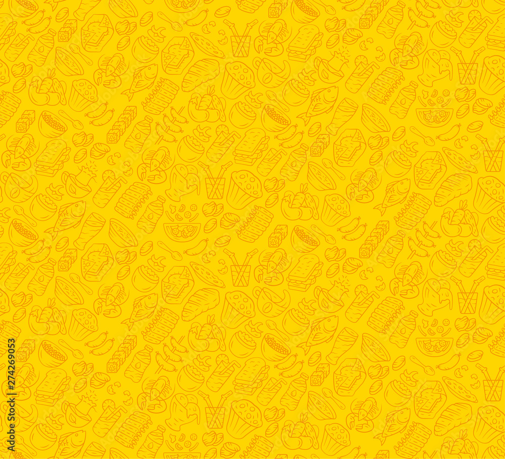 Food vector seamless pattern. Cuisine, fast food cafe wallpaper with  gastronomy icons. Yellow, gold color texture. Decorative textile, wrapping  paper design. Bright background for menu, receipts Stock Vector | Adobe  Stock