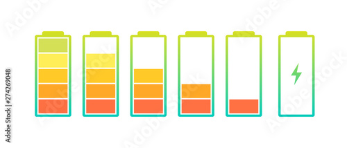 Battery charge indicator icons set. Charging level full power low to high up and lightning. Gadget alkaline energy status vector colorful illustration