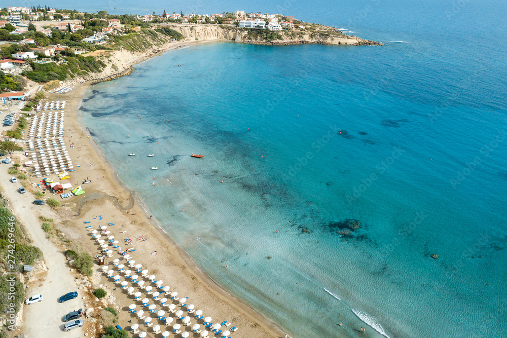 Aerial beautiful beach with crystal clear water, Coral Bay, Cyprus